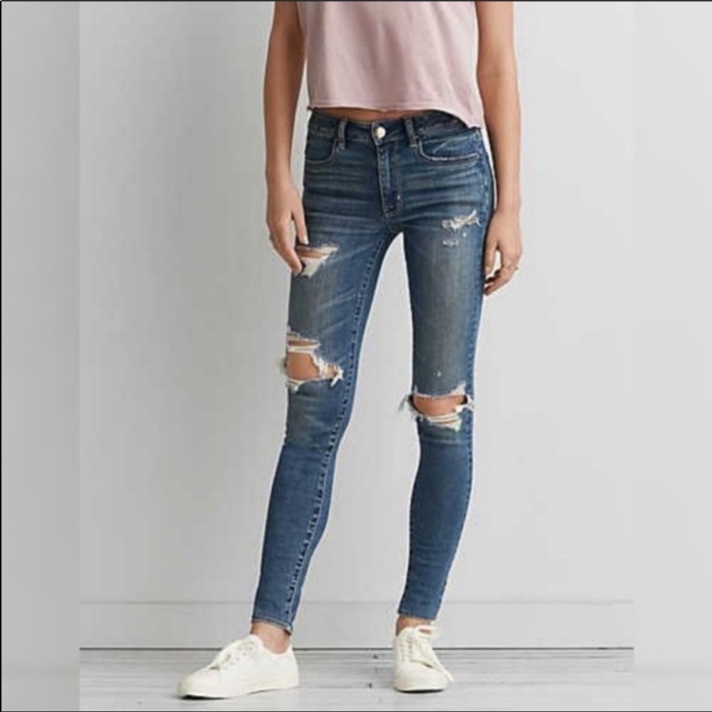 American Eagle AE Super Stretch Hi Rise Jeggings Ripped Skinny Jeans Blue size 2